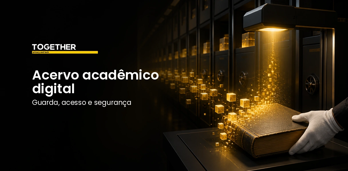Equipe universitária revisando acervo acadêmico digital e LGPD em sistema seguro de gestão documental.