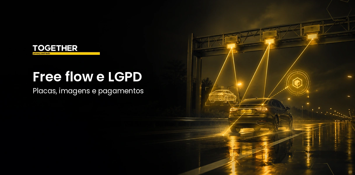 Pórtico rodoviário ilustrando free flow e LGPD com leitura de placa, imagem do veículo e pagamento protegido.