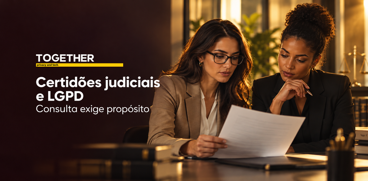Banner sobre certidões judiciais e LGPD, com documento judicial e profissionais avaliando uma due diligence.