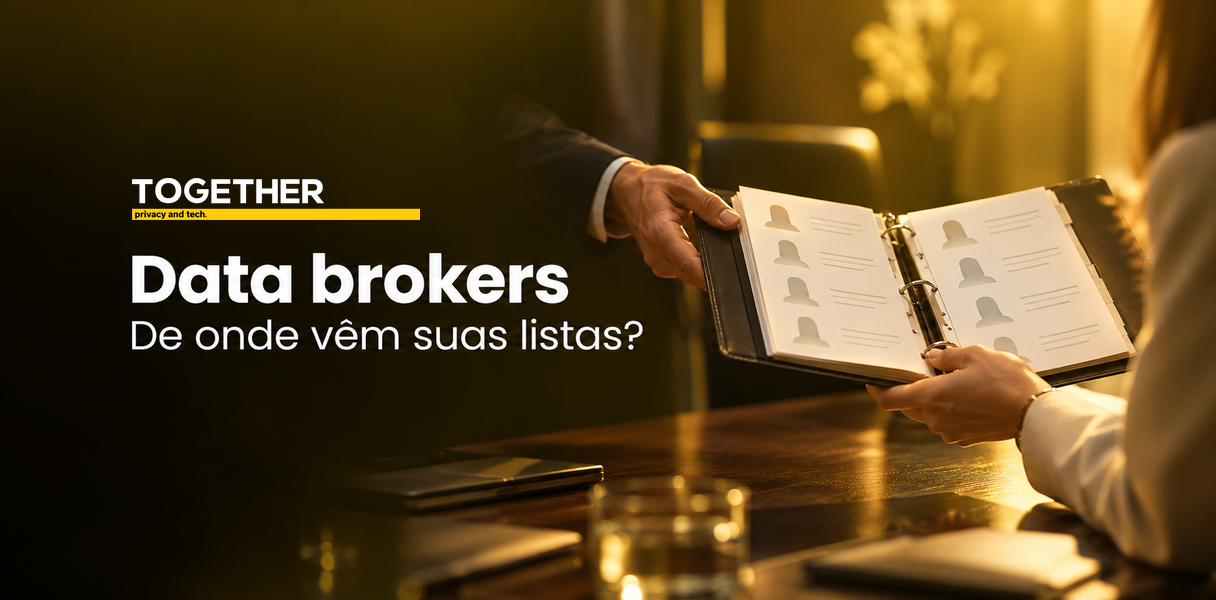Banner sobre data brokers, com entrega de fichário de contatos e a pergunta De onde vêm suas listas?