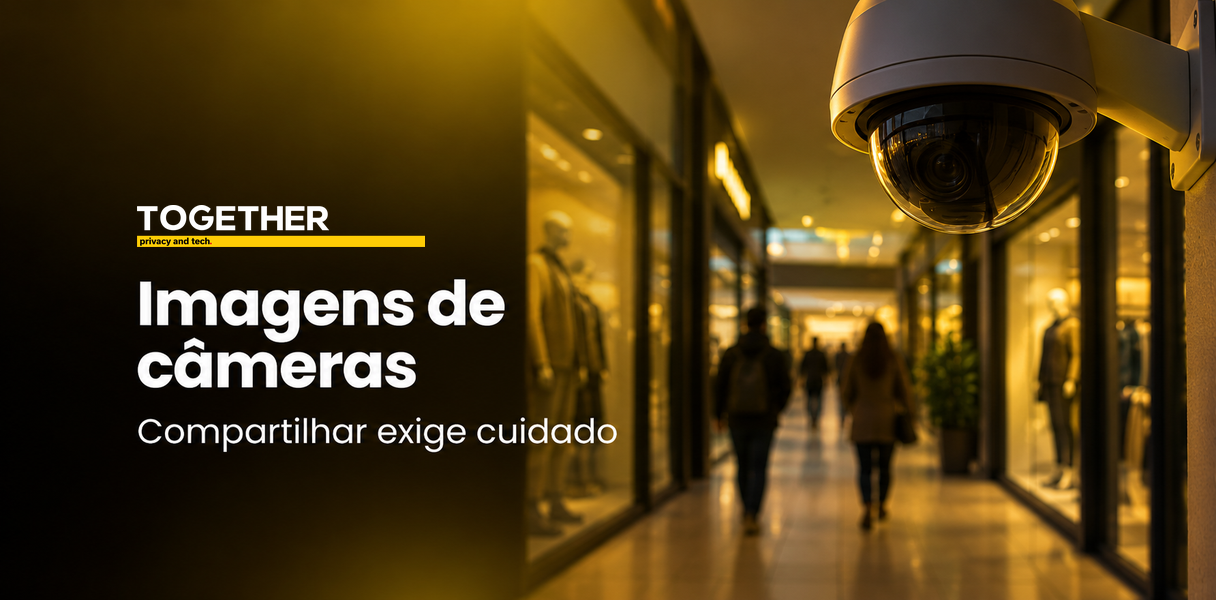 Banner sobre imagens de câmeras, com câmera de segurança em corredor comercial e o texto Compartilhar exige cuidado.