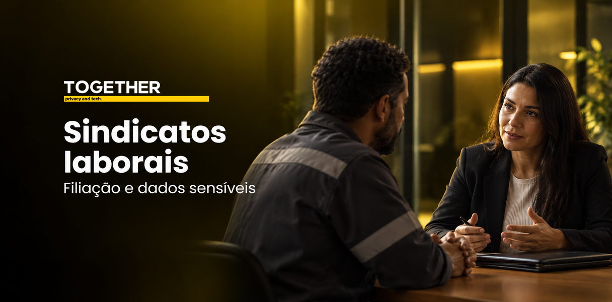 Proposta de banner: sindicatos laborais organizando fichas de filiação e permissões de acesso aos dados dos trabalhadores.