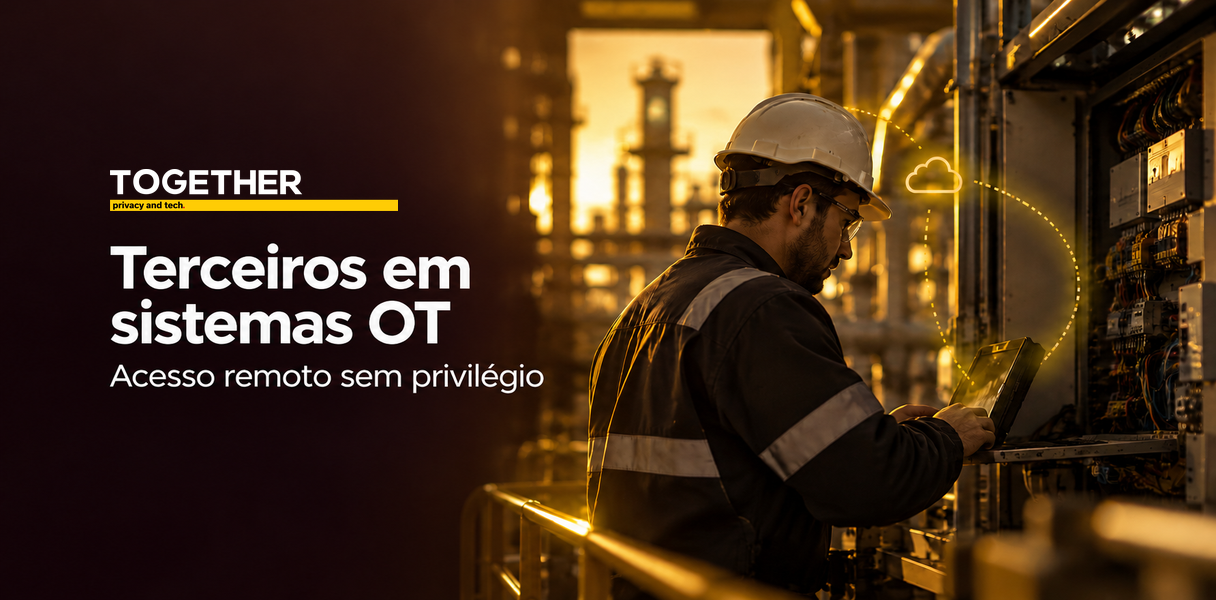 Banner sobre terceiros em sistemas OT, com conexão remota controlada entre um integrador e uma instalação industrial.