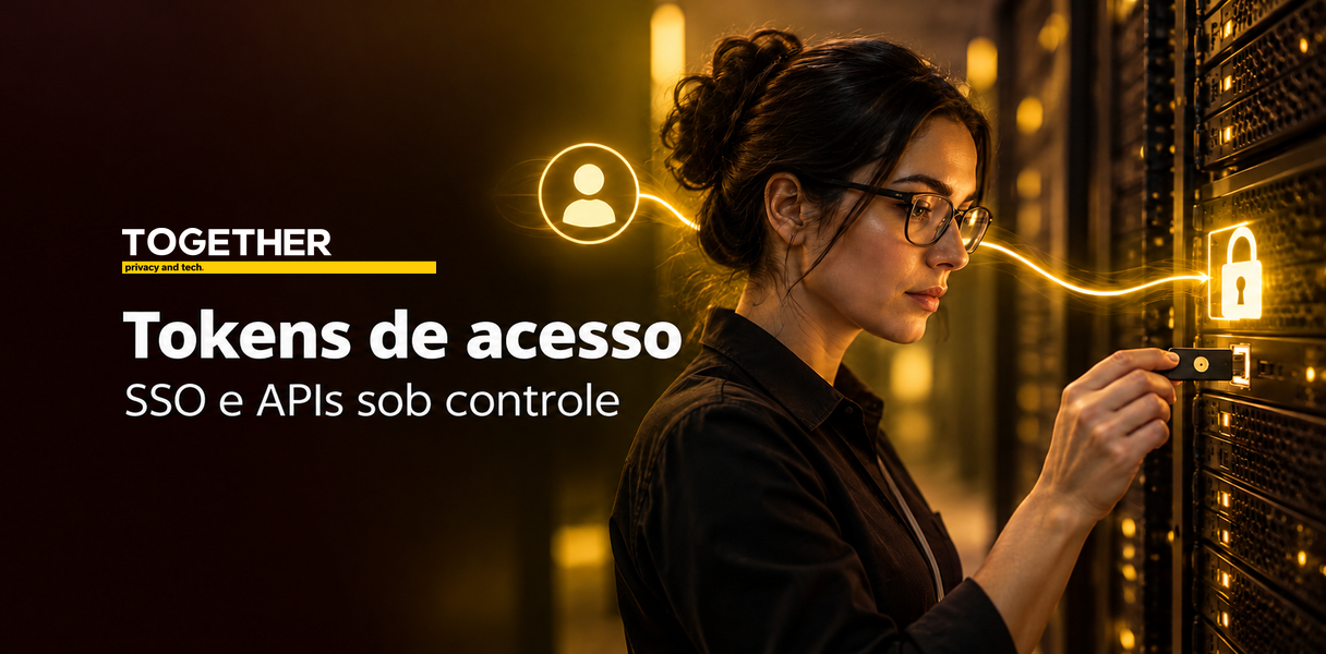 Banner sobre tokens de acesso em SSO e APIs, com fluxo de validação, chave criptográfica e recurso protegido.